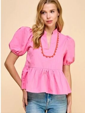 Pink Puff-Sleeve V-neck Peplum Top